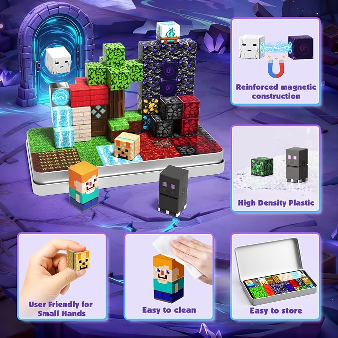 GraceDuck Magnetic Blocks with Iron Box, Obsidian Nether Portal 45 PCS Travel Magnetic Building Blocks, STEM Educational Building Set Construction Toys for Kids Ages 3+, Building Toys