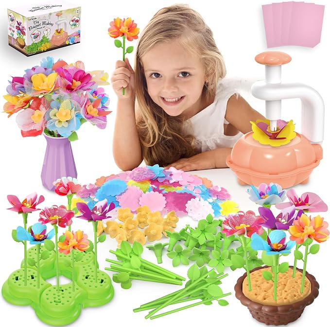 Kufanda 222 Pcs DIY Flower Bouquet Making Kit for Kids Ages 4-8 — Fabric Flower Craft Set with Embossing Machine, Screen-Free STEM Educational Gift Toy for Girls, Granddaughter Birthday Christmas