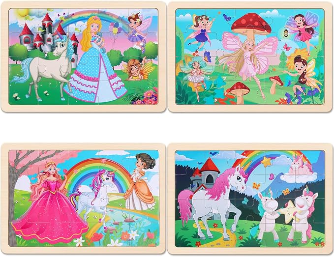 Wooden Jigsaw Puzzles for Preschool Kids Ages 3-5, 4-Pack with 20 Pieces Unicorn Princess Wood Puzzles Set, Preschool Gifts for Boys Girls Ages 3 4 5 6