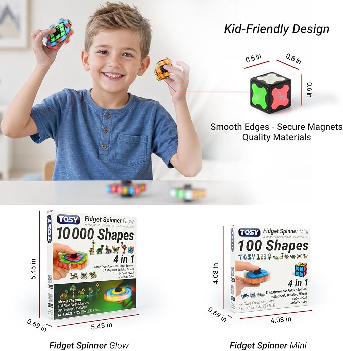 TOSY Magnet Fidget Spinner Mini - 8 Blocks, 3 in 1 Toy: Transformable Fidget Spinner, Infinity Cube, 2x2 Puzzle Cube, Easter Basket Stuffers for Kids/Adults, STEM Sensory Stress Relief Toy