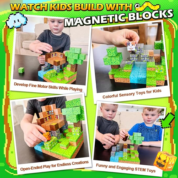 Magnetic Blocks - 100PCS Build Mine Magnet World Forest Cottage Craft Set | Building Toys for Boys Girls Age 3-5 5-7 8-12, Construction Craft Sensory Toys Birthday Gifts for 3+ Years Old STEM Learning