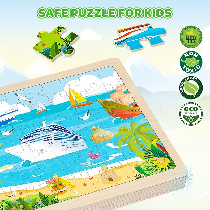 6 Themed Wooden Jigsaw Puzzles for Kids Ages 3-5, 60 Pieces Each | 6 x 60 Piece Puzzles 6-8, Ocean, Construction, Recycling, City, Solar Farm, Fire Rescue, Kids Boys Girls Birthday Gifts