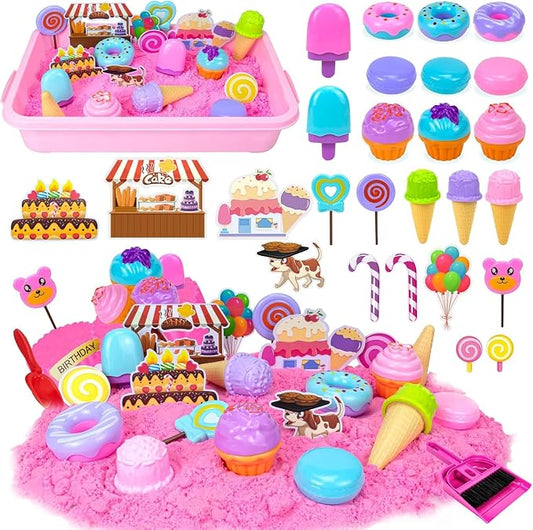 Hymaz Play Sand Kit for Girls, Ice Cream Sensory Bin Sandbox | Creative Bake Shop with 2.2lbs Magic Sand, Ice Cream & Cake Models, Cleaning Tools, Pretend Beach Cake Stand Toys Gift