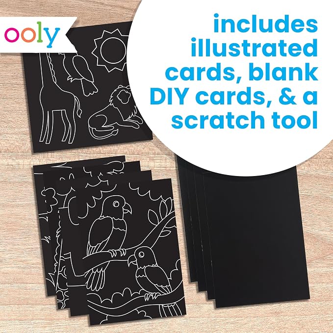 Ooly Scratch & Scribble Art Kit, 8 Cards, Sticker Sheet – Colorful Safari | Ages 6+, Wooden Stylus and Stickers Included, Screen-Free Portable Car and Airplane Travel Activity, Gift for Kids