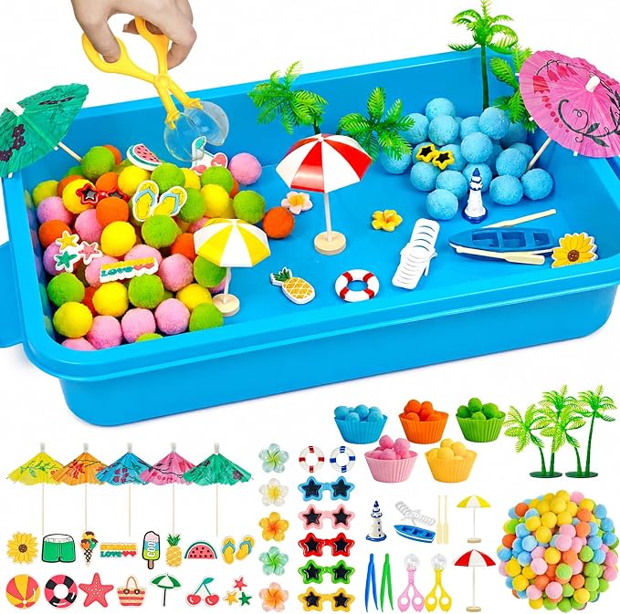 Cinrobiye 155 Pcs Beach Sensory Bin Fillers Set, Tropical Summer Sensory Bin with Palm Tree, Pineapple, Beach Accessories for Preschool Classroom Activities, Fine Motor Skills & Homeschool Learning