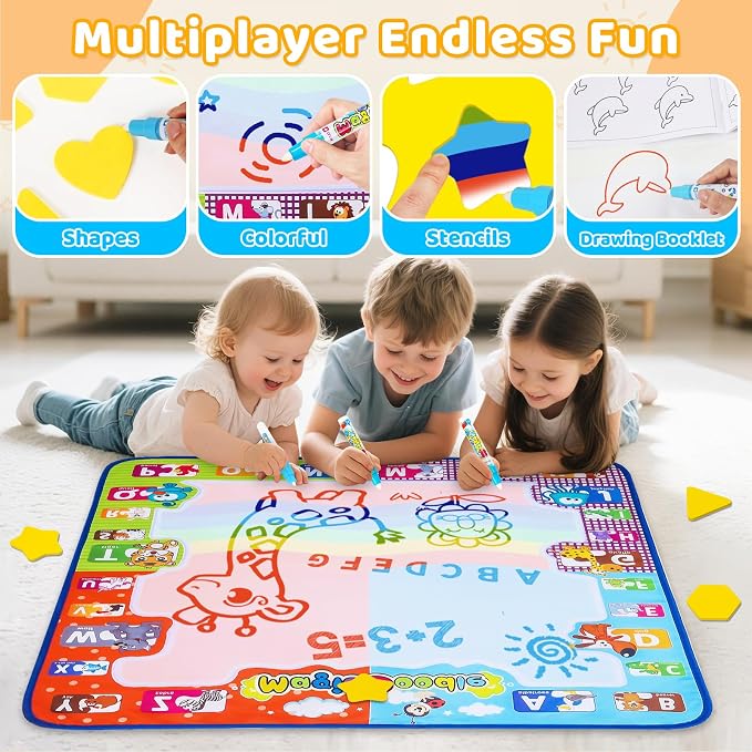 KIZZYEA Toys for 2 3 4 5 6+ Years Old Boys Girls, Water Doodle Mat for Kids, Large Coloring Painting Writing Magic Mat with Neon Colors, Educational Toys Christmas Birthday Gifts for Age 2-4, 3-5
