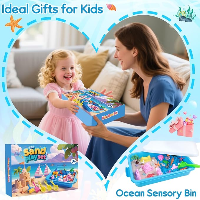 Mikiwon Ocean Sensory Bin, Sandbox Play Sand Art Kit with 3.3lbs Play Sand, Sea Animal Toys Molds, Sensory Play for Girls Boys Age 3 4 5 6 7 8, Beach Toys for Kids Xmas Birthday Gifts