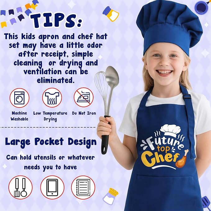 R HORSE 2 Pieces Kid Apron and Chef Hat Set, Dress up Role Play Chef Toy | Blue Future Top Chef Adjustable Kid Kitchen Apron with Pockets, Ideal for Cooking, Baking, Painting, Cooking Birthday Gift