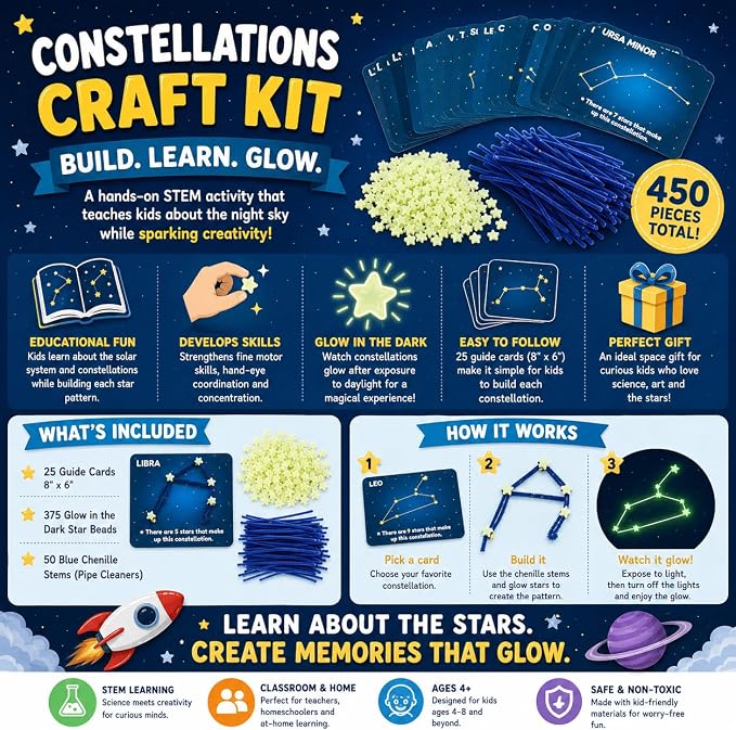 Fun Express Constellations Craft Kit Kids Ages 4-8 | 450 Pieces, Glow in the Dark, STEM, Solar System Astronomy Science, Educational Space Toys & Learning Activities