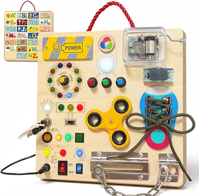 Busy Board with LED Light Switches, Montessori Toys for Toddlers 1-3, Wooden Sensory Activity Board, Travel Learning Toy for Boys & Girls, Educational Fidget Busy Board Gift for 1 2 3 Year Old Kids