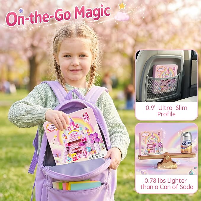 Magnetic Blocks Girls Travel: 355g Unicorn Tin 3 Cones & 4 Wands | 60-Min Princess Role Play for Airplane Activities & Road Trip Essentials Car Games 45s Cleanup Portable Kids Toy for Ages 3-8