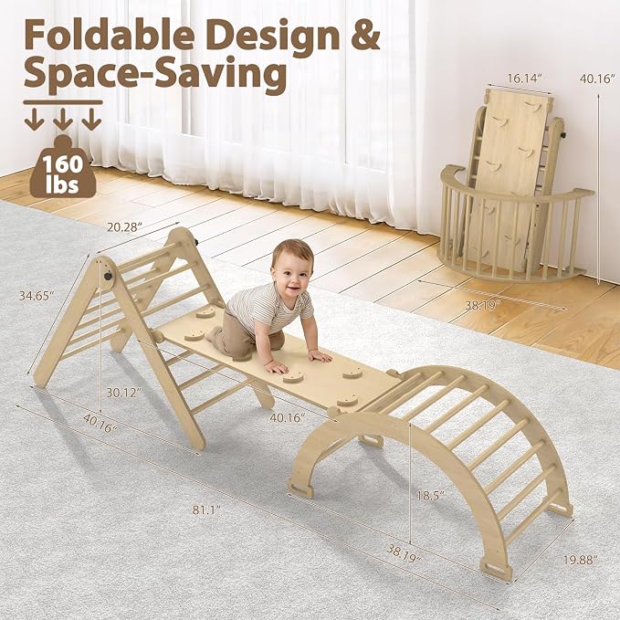 Large Pikler Triangle Set, 7-in-1 Toddler Climbing Toys Indoor, Wooden Montessori Climbing Set with Arch Ramp Ladder, Foldable Baby Jungle Gym Playground (Wood Natural)