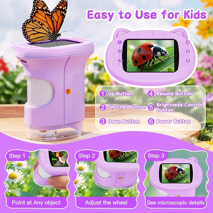 1000X Handheld Digital Microscope for Kids (Purple) | 4K HD 2.4" Screen, 200–1000X Magnification, Portable Kids Microscope, Educational STEM Toy, Gifts for Boys and Girls Age 5–12