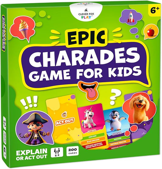 Epic Charades for Kids, Fun Family Game for Kids & Adults, 200 Cards | Act out & explain prompts, pictures for young kids, 3 difficulty levels, educational card game & board game for kids 8-12