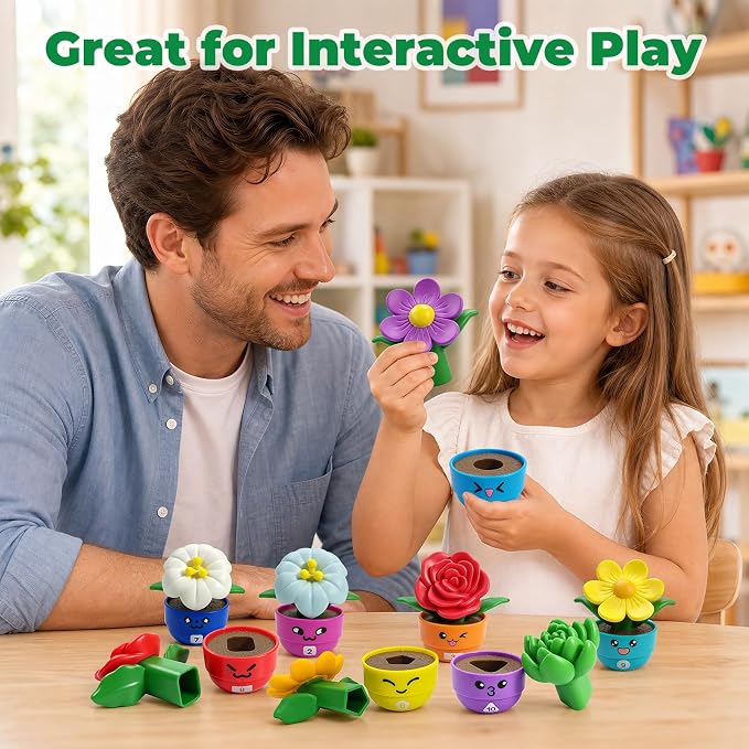 Montessori Flower Garden Building Toy for Girls & Boy, Toddler Gardening Set with 10 Shape & Number Flowers, Preschool Learning Matching & Stacking Game, Sensory Toys Gifts for 1 2 3 Year Old