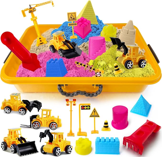 ESSENSON Sensory Bin Play Sand Kit for Kids, 4lbs Magical Sand | Construction Set Toy Truck, Pretend Play Beach Toy, Sandbox