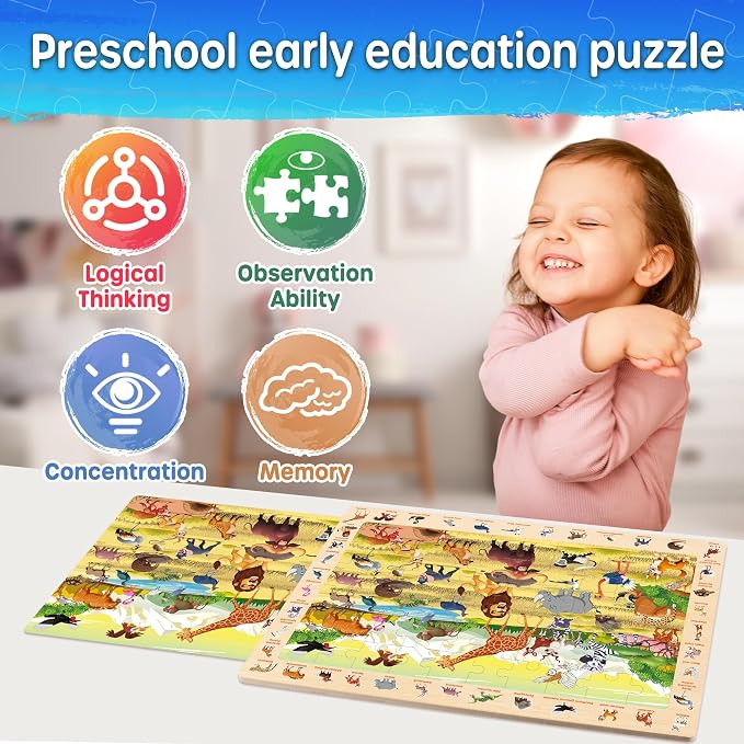 SYNARRY Wooden Puzzles for Kids Ages 4-6, 4 x 60 Piece Match & Find Puzzles for Kids Ages 3-5 Boy Girl, Educational Easter Gifts for 4-8 Year Olds, Learning Jungle Savannah Polar Animals & City Life