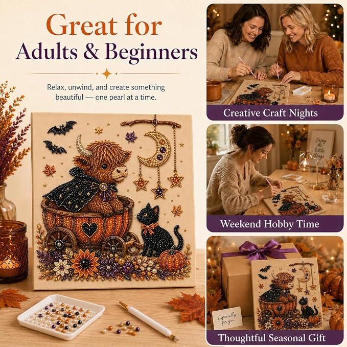 Halloween Pearl Art Kit for Adults, DIY Fall Craft (Cow) | Create textured Halloween decor through a screen-free, beginner-friendly craft activity.
