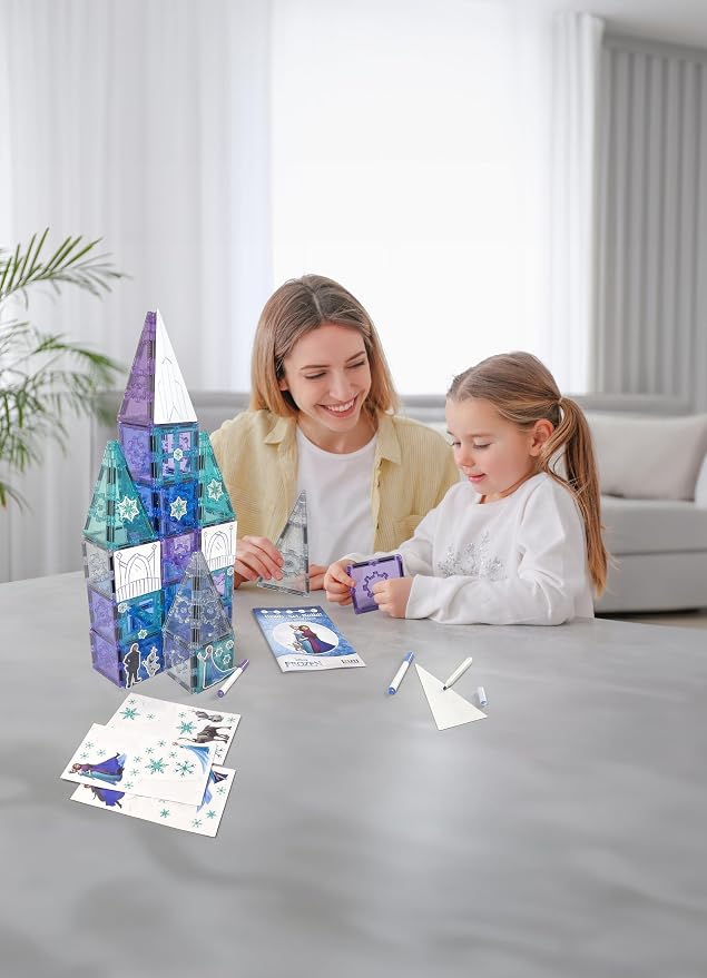 Tytan Toys Disney Frozen Magnetic Tiles Princess Castle - 68-Piece STEAM Building Set with Glitter Tiles & Elsa, Anna, Olaf Stickers - Educational Frozen Toys for Girls Age 3-4+