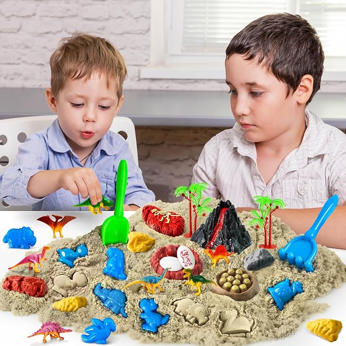 Sensory Bin Dinosaurs Kit with Sensory Sand | Play Sand, Pretend Play Beach Toy, Sandbox for Girls and Boys