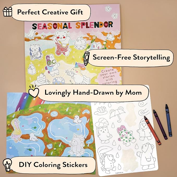 Seasonal Splendor 4-in-1 Four Seasons DIY Coloring Your Own Stickers Kit - Year-Round Arts and Crafts for Kids, Travel Activities, Storytelling Sticker Set, Boys Girls Ages 3-10+