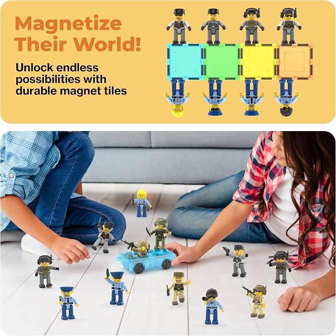 Picasso Toys Magnetic Action Figures Character Law Enforcement for Construction Building Block Tiles Toy Set Magnet Expansion Variety Pack Educational STEM Learning Kit Pretend Playset PTA12