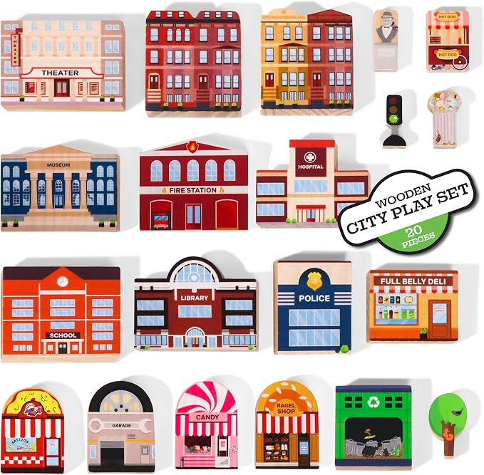 20 Pc Wooden City Play Set - Wooden Town Buildings and Street Signs for Play Mats, Toy Cars and Trains - Educational Preschool Track Accessories - Community Helpers Stacking Blocks Learning Toddler