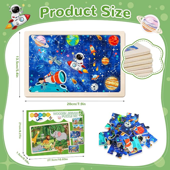 6 Packs Puzzles for Kids Ages 4-6,24Pcs Wooden Puzzles for Kids Ages 3-5 | Dinosaur,Animals,Vehicle,Space,Farm, Jigsaw Puzzles,Preschool Educational,Toys Gifts,for Children,Ages 3+Year Olds,Boys Girls