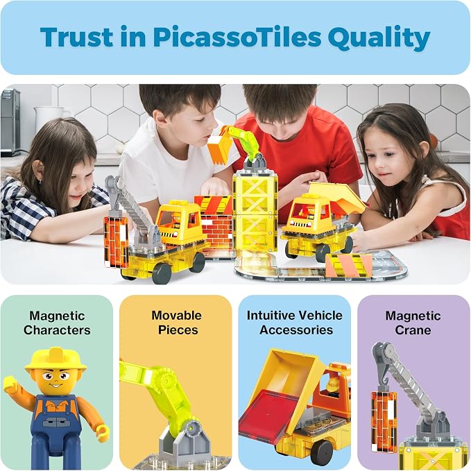 PicassoTiles Magnetic Tiles Construction Set, 5-in-1 Vehicle Toys Ages 3+ | 5 build configurations, 2 poseable action figures, 2 car bases, durable non-toxic pieces, hands-on STEM play