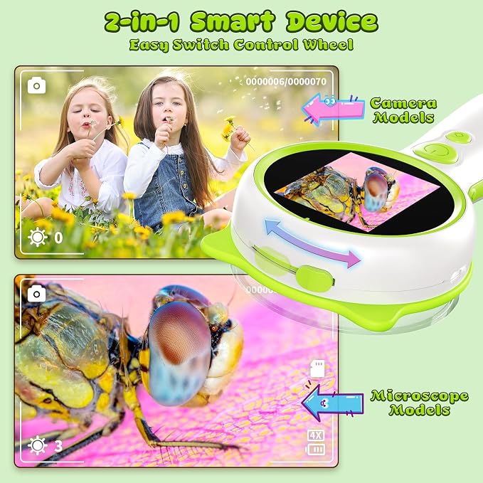 Kids Microscope Green Bear - Digital Handheld STEM Kit & 1080P Camera (600x Zoom) - Portable Science Toy for Nature Observation & Forest Hiking - Gift for Boys & Girls Age 5-12