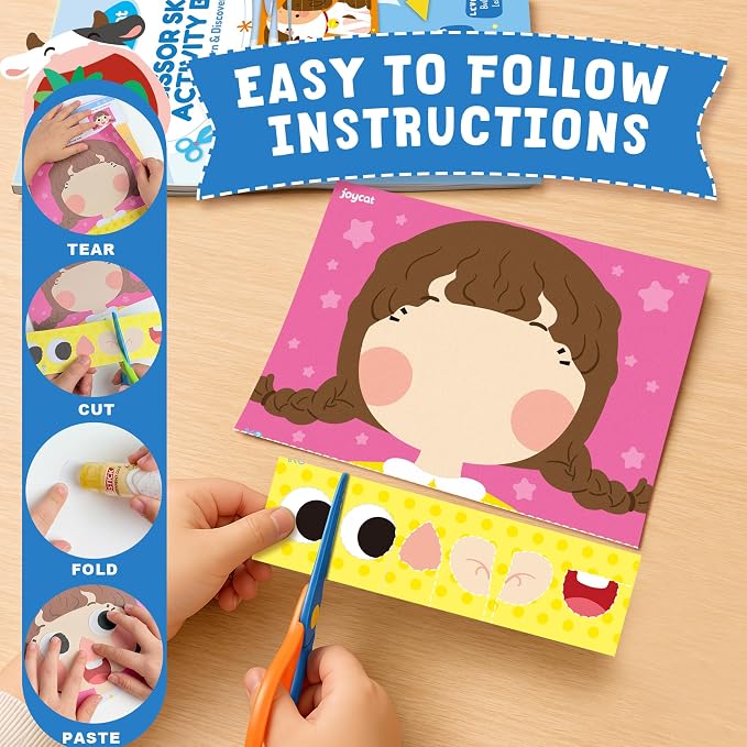 JoyCat Scissor Skills Activity Kit, Toddler Scissors Ages 3-5, Learning | Preschool workbook with 34 learning activities, scissors for kids and glue for cutting practice and toddler crafts.