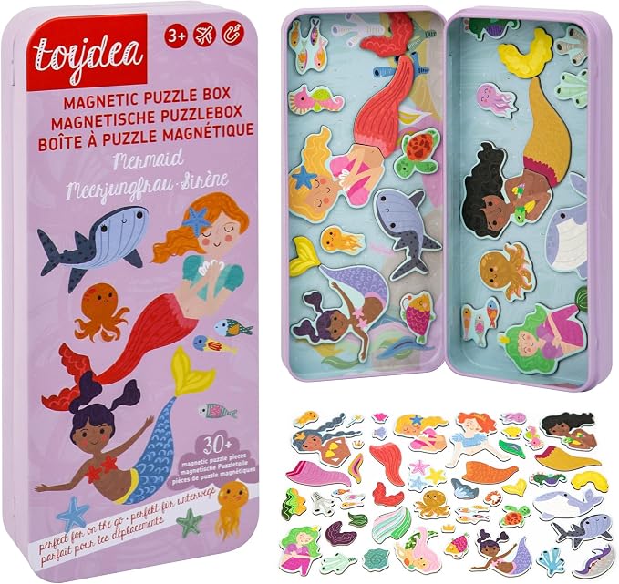 Magnetic Puzzle Box for Kids Ages 3-5, Mermaid Travel Puzzle Game | 30+ Magnetic Pieces, Spark Imagination, Quiet Travel Toy, Gift for Girls and Boys