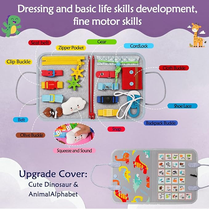 Montessori Busy Board for Toddlers – Sensory Busy Book with Buckles, Zippers, Letters, Animals, Toddler Activities – Fine Motor Skills Development Learning for Boys Girls Travel Activity