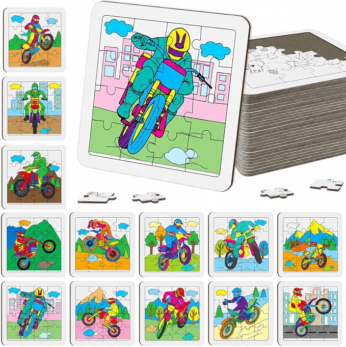 Cinrobiye 24 PCS Dirt Bike Coloring Jigsaw Craft Kit for Kids, DIY Motocross Activity Set Bulk with 12 Designs, Off-Road Motorcycle Birthday Party Favors, Classroom Art Projects