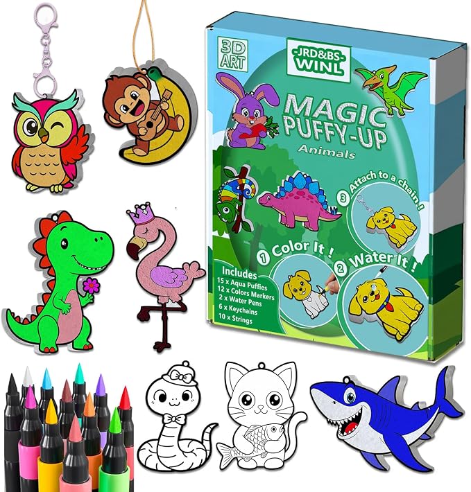 JRD&BS WINL 3D Art Kit for Kids Aqua Puffy Up Cute Animals, Paint by Number Craft for Kids, DIY Craft Activity for Ages 3-12,Travel Gifts for Girls & Boys Ages 4,5,6,7,8,9,10 (Animals)