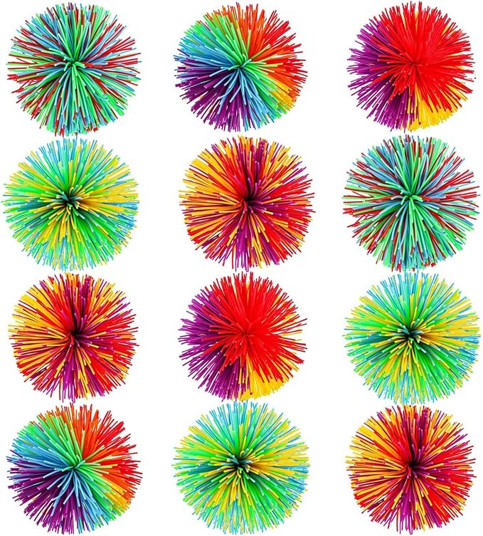 Leinuosen 12 Pieces Stringy Balls Sensory Stringy Ball Soft Rainbow Pom Bouncy Stress Bags Basket Stuffers Fillers Birthday Party Favors, Fidget Party School Classroom Gifts, Multicolor (2.75 Inch)