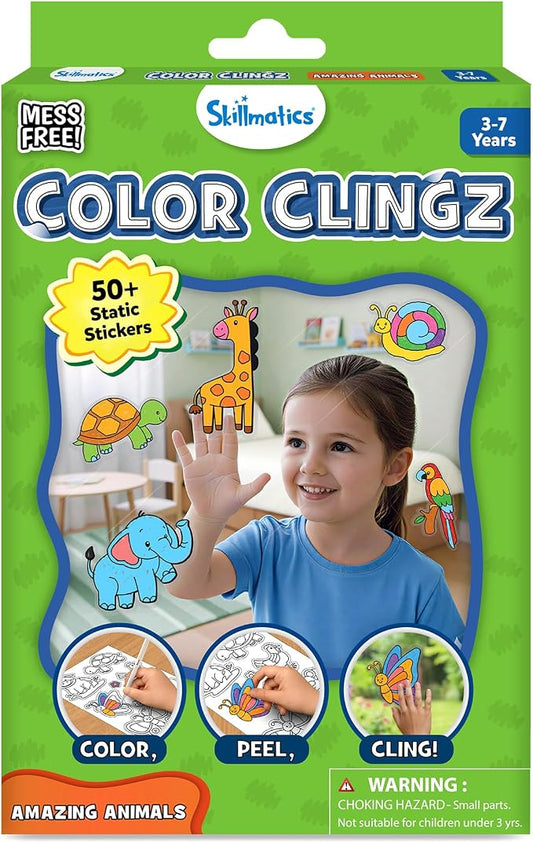 Skillmatics Color Clingz – Animals, Reusable Static Stickers, Travel Toys | 50+ DIY Stickers, 10 Paint Markers, Mess-Free, Window Art & Craft Kit, Gifts for Toddlers, Boys & Girls Ages 3, 4, 5, 6, 7