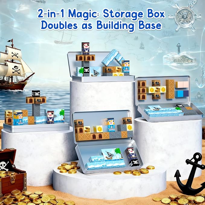 Bmag Magnetic Building Blocks Pirate-Themed Set 35 Pcs, Designed for STEM Education and Group Activity for Kids Aged 3+, Packaged with Storage Box as Gifts for Boys and Girls