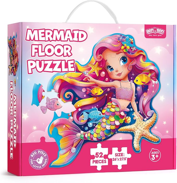 BenBen Floor Puzzle for Kids Ages 3-8, Mermaid Shaped Large Piece Puzzles | 52 Pieces Extra-Thick Jumbo Jigsaw Puzzle for Toddlers Ages 4-6, Preschool Educational Toys with Storage Box for Girls Boys
