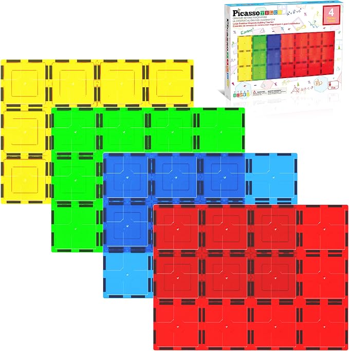 PicassoTiles 4 Piece Magnetic Tile Base Plate, Jumbo Stabilizer Foundation | 12x9 inch pieces, STEM building toy, ages 3+, geometry play set, add-on design, extra large format, scalable creative builds