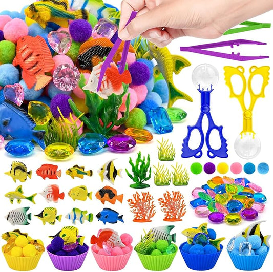 164 Pcs Tropical Fish Sensory Bin Items Summer Counting Sorting Sensory Bin Filler Fine Motor Tropical Fish Coral Counts for Spring Summer Counting Sorting
