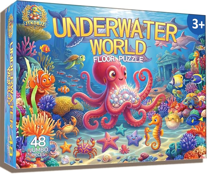 Jumbo Floor Puzzles for Kids Ages 3-5 48 Piece Ocean Educational Toy | Featuring octopus whale shark and dolphin for 3 4 5 6 7 8 year old boy and girl learning and indoor family play time