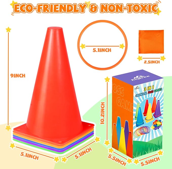 31 PCS Christmas Carnival Games, 3 in 1 Indoor Outdoor Bean Bag Ring Toss Games for Kids Birthday Party, Plastic Soft Cones Yard Lawn Game for Family Party Kid's Gift