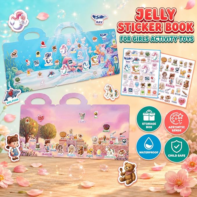 Reusable Jelly Sticker Books for Girls 3-8, Toddlers 2-4, 4 Sets | Sticker Activity Toys | Quiet Travel Toys | 3D Puffy Window Clings | Screen-Free Play | Girl Gift Ages 2-8