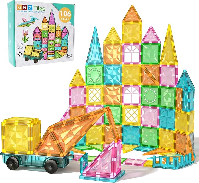 106-Piece Magnetic Tiles for Kids with Car, STEM Building Set | Standard 3-inch tiles, Encourages creativity, imaginative play, and early learning through hands-on exploration