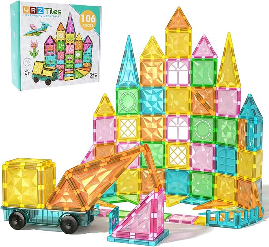 106-Piece Magnetic Tiles for Kids with Car, STEM Building Set | Standard 3-inch tiles, Encourages creativity, imaginative play, and early learning through hands-on exploration