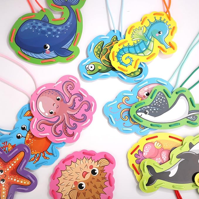 NQEUEPN 12pcs Lacing Cards for Kids, Double Sided Sea Animals Sewing Cards with 12 Colorful Laces Thickened Play and Learn Lacing Cards for Children Toddlers Developing Imagination Education Supplies