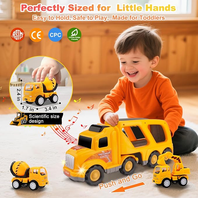 Construction Truck Toys for Toddler 3-4: 5-in-1 Vehicles with Sound Lights | 13 inch Big Carrier 4 Mini Truck - Great for Little Boys Daily Repeat Play - Ideal Christmas Birthday Gifts for Boy Grandkids