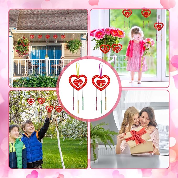 Fennoral 27 Pack Heart Wind Chime Kit for Kids Make You Own Red Heart Wind Chimes Mother's Day Wooden Ornaments for Kids Art and Craft Mothers Day Gifts Party Decoration