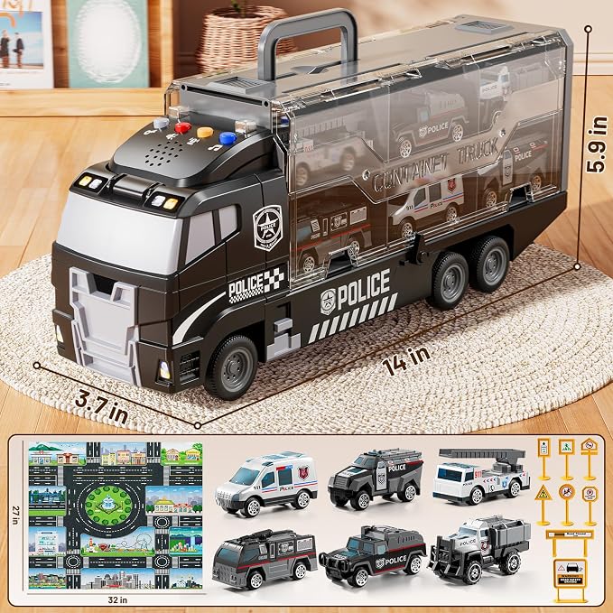 Carrier Truck Toddlers Toys for 3 4 5 6 7 Years Old Boys, Toy Truck Transport Car & Die-Cast Car and Play Mat, Police Car Toys Birthday Gifts for Kids 3 4 5 6 7 8+ Years Old Boys Girls